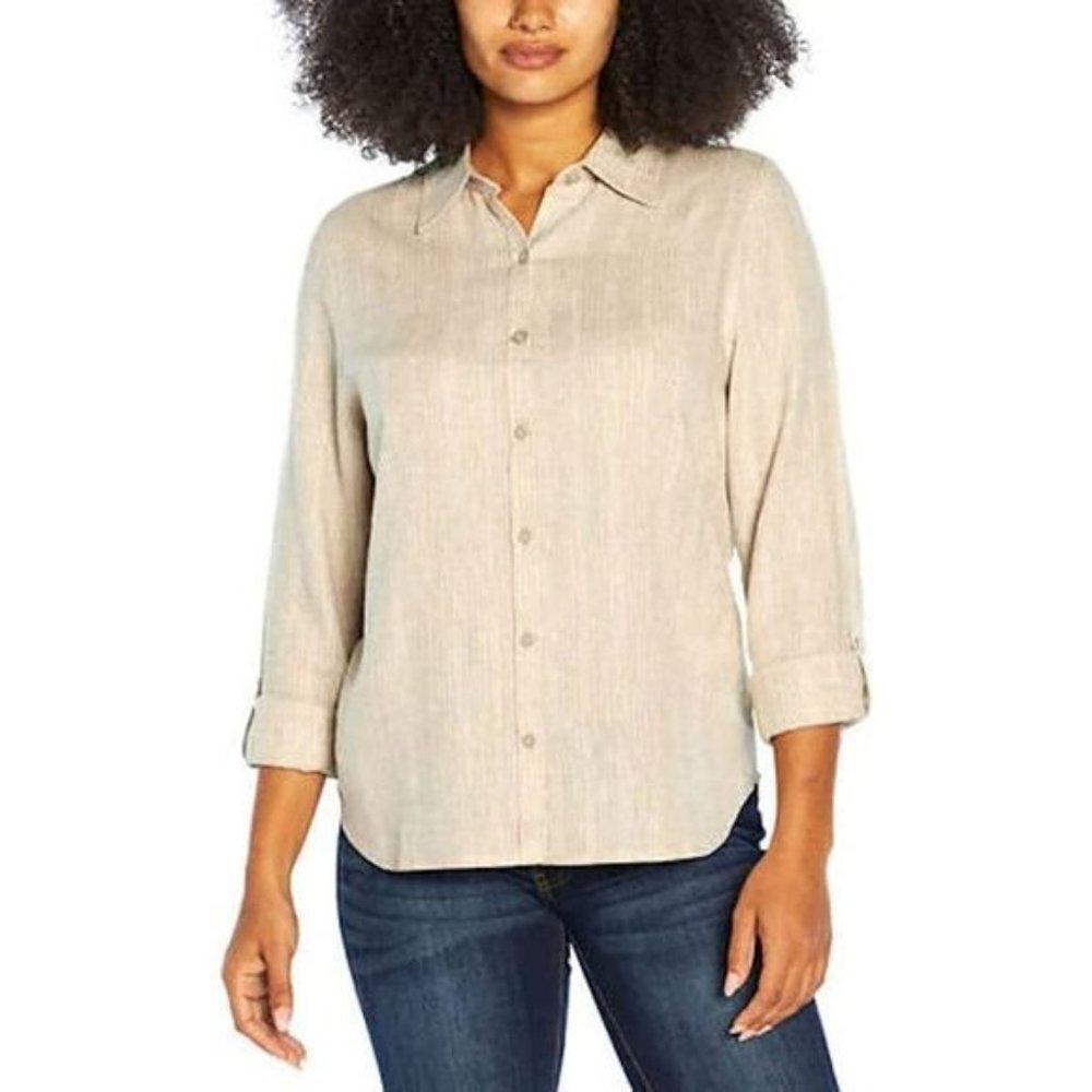 Orvis Linen Blend Shirt Womens Size L Khaki Striped Button Down Granola Normcore